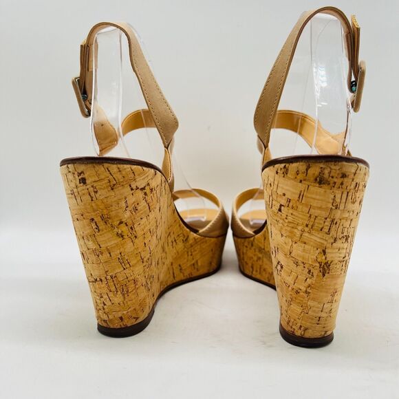 J Crew Shoes Womens 10 Beige Leather Cork Wedge Heels Platform Sandals - Picture 7 of 11